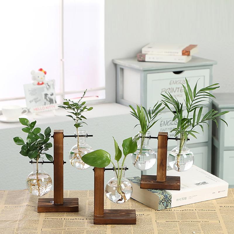 Glas og træ vase planter terrarium bord desktop hydroponics plante bonsai urtepotte hængende potter med træbakke boligindretning