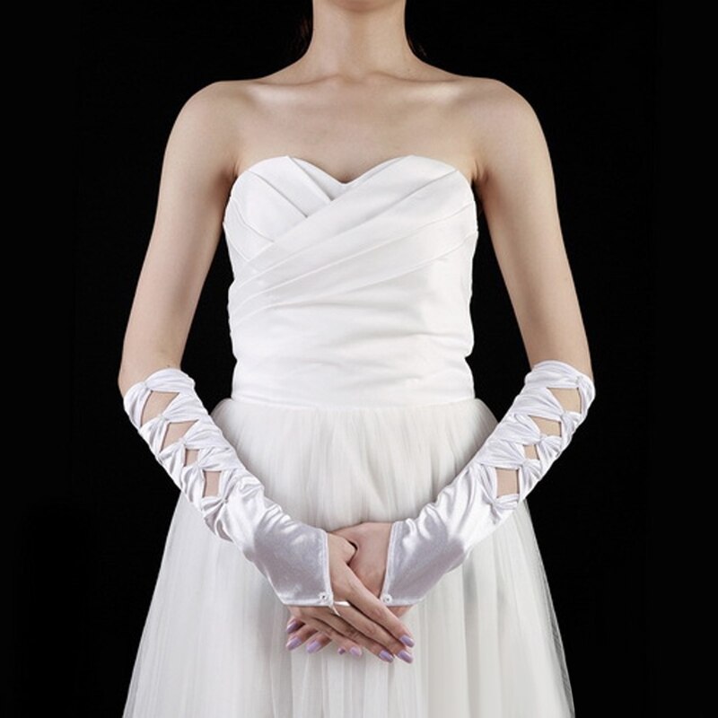 Hollow Fingerless Women Bridal Gloves Elbow Length Beaded Bow Wedding Prom Party