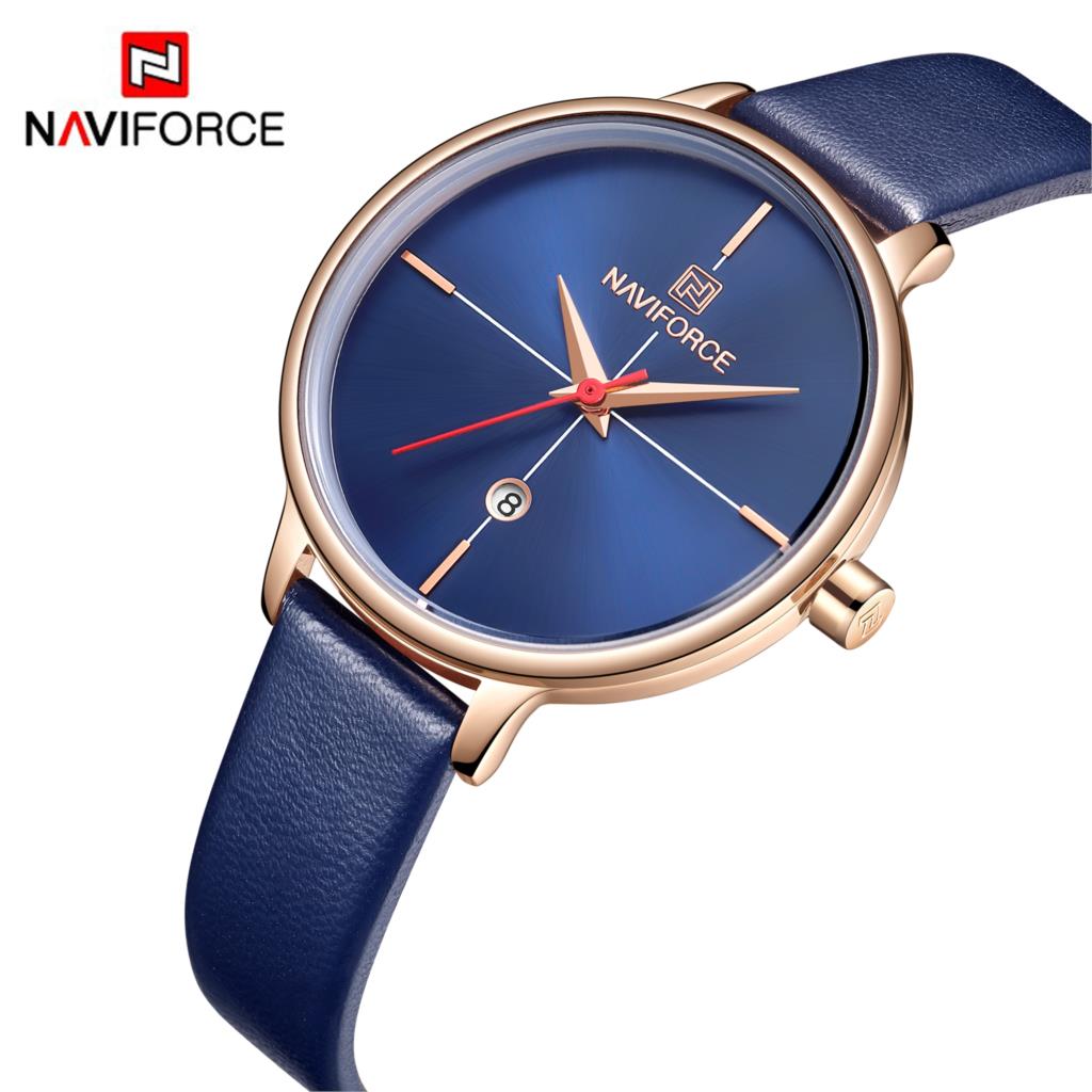 NAVIFORCE Vrouwen Horloge Mode Quartz Lady Blue PU Horlogeband Datum Casual 3ATM Waterdicht Horloge voor Meisje Vrouw Vrouw