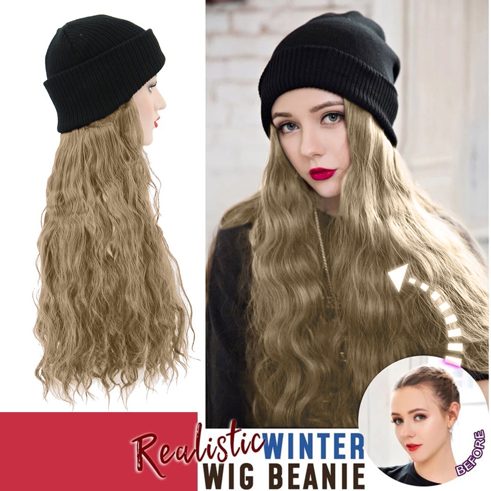 Synthetische Lang Krullend Knit Skiën Winter Hoeden Met Haar Pruik Beanie Bevestigd Hoed Pruik Voor Meisje Hangen Natuurlijke Katoen gemaakt #128