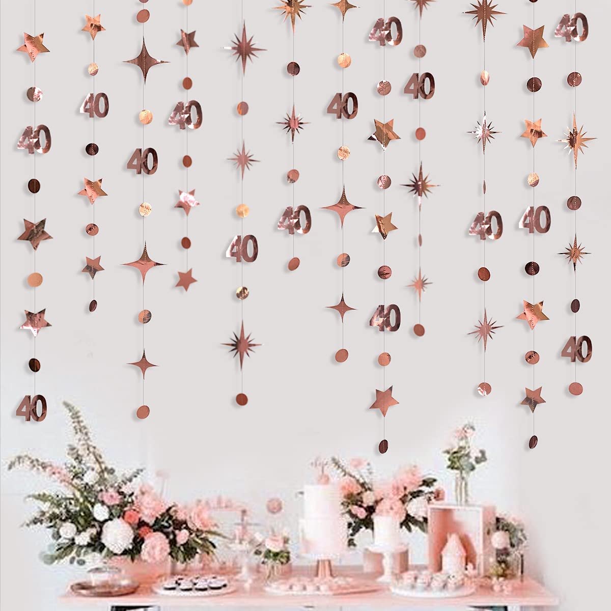 Rose Gold Number 40th Circle Dots Twinkle Star Garlands Hanging Banners for Forty Woman 40st Year Old Birthday Party Decorations
