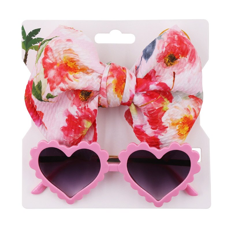 2Pcs/Set Dot Flower Leopard Print Baby Headband with Heart Sunglasses Kids Elastic Nylon Hair Band Girls Hair Accessories: set3