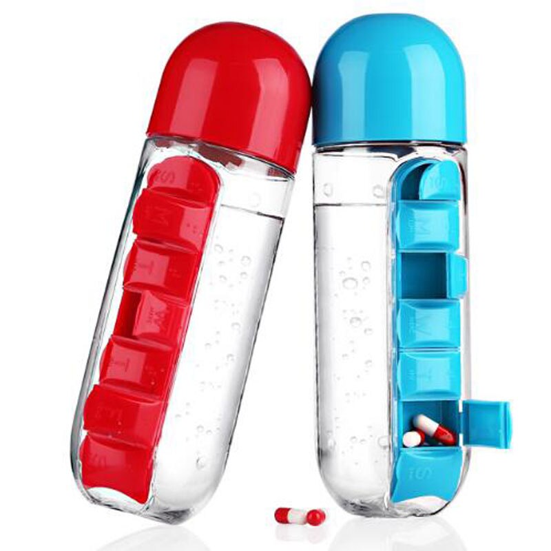 600 ml Water Fles Sport Combinatie Dagelijks Pillendoosje Organizer Drinken Sealed Lekvrij Plastic Fles