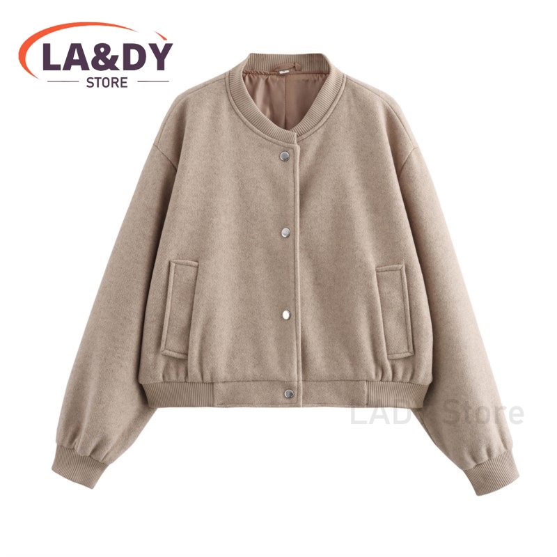 Giacca cappotto 2024 autunno donna moda sciolto monopetto colletto alla coreana femminile tinta unita Casual manica lunga tasche capispalla: S / Brown