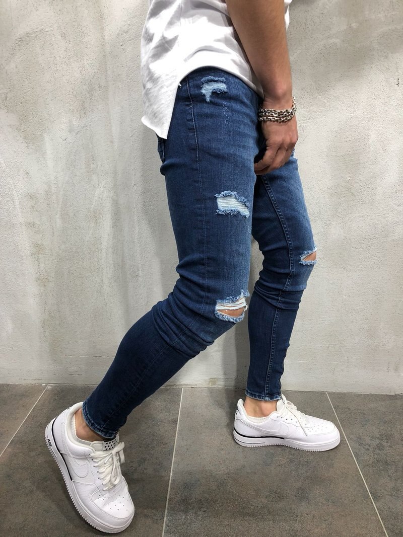 Men blue Knee Ripped Skinny Jeans Streetwear distressed Destroyed Slim Elastic cowboy Hip-hop Hole Joggers Denim pants