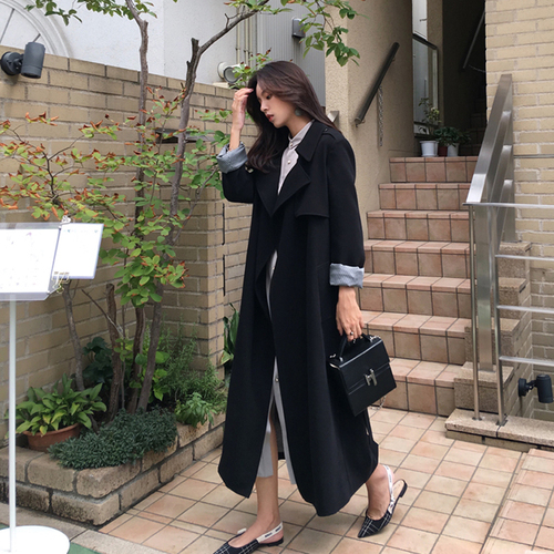 Koreansk stil kvinders pring efterår maxi lange frakker khaki & sort løs trenchcoat med bælte plus size vindjakke udtøj: Sort / Xs