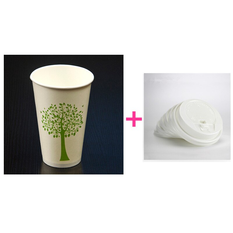 50pcs 350ml wit wegwerp cups groene boom patroon party verjaardag gunst koffie thee papier cup met deksel takeaway pakket: cup and lid1