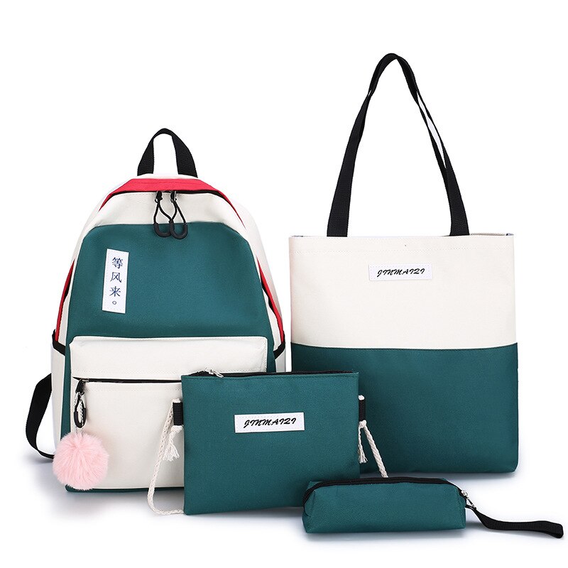 Conjunto de lona feminino, conjunto de lona, mochila feminina, grande capacidade, de viagem, escola, com caixa de lápis, bolsa para laptop diária: green