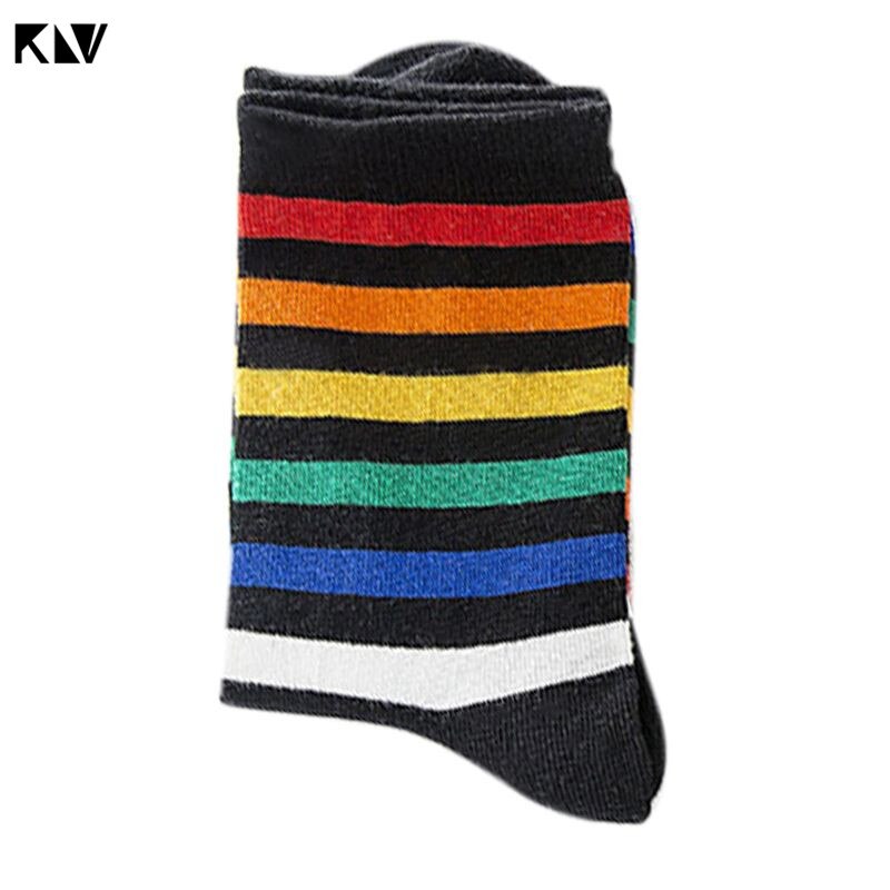 Women Teen Girls Harajuku Rainbow Striped Crew Socks Preppy Style Hip-Hop Skateboard Cotton Novelty Sports Short Tube Hosiery: Black