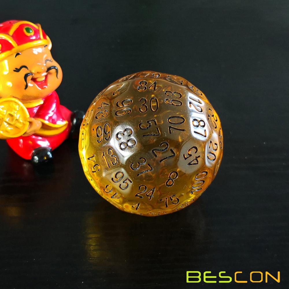 Bescon Translucent Polyhedral Dice 100 Sides Dice, Transparent D100 die, 100 Sided Cube, D100 Game Dice,100-Sided Cube of Amber