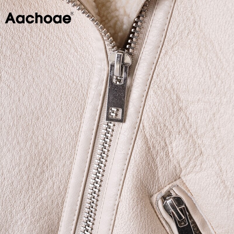 Aachoae Frauen Winter Feste PU Faux Leder Jacke Mit Gürtel Dicke Warme Reißverschluss Langarm Mantel Weibliche Streetwear gepolstert Jacken