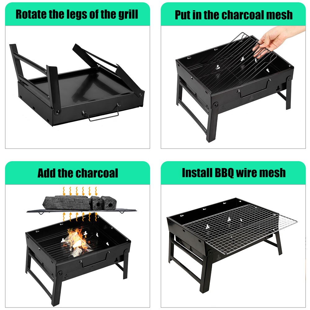 Folding BBQ Grill Portable Compact Charcoal Barbecue BBQ Grill Cooker Bars Smoker Outdoor Camping 35x27x6cm