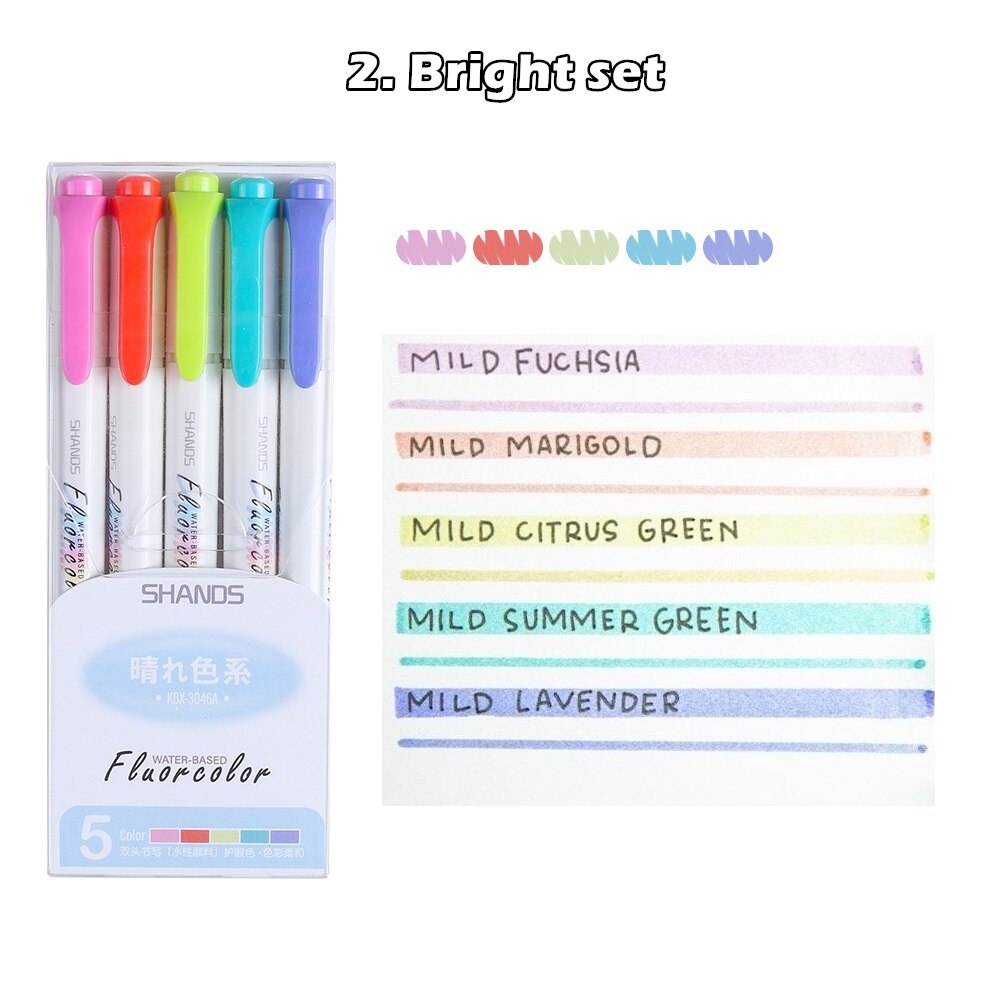 5 stk mild farve highlighter liner penne sæt dobbelt spids fed fin venlig fluorescerende markør bogstaver tegning kontor skole  f782: Lyst sæt