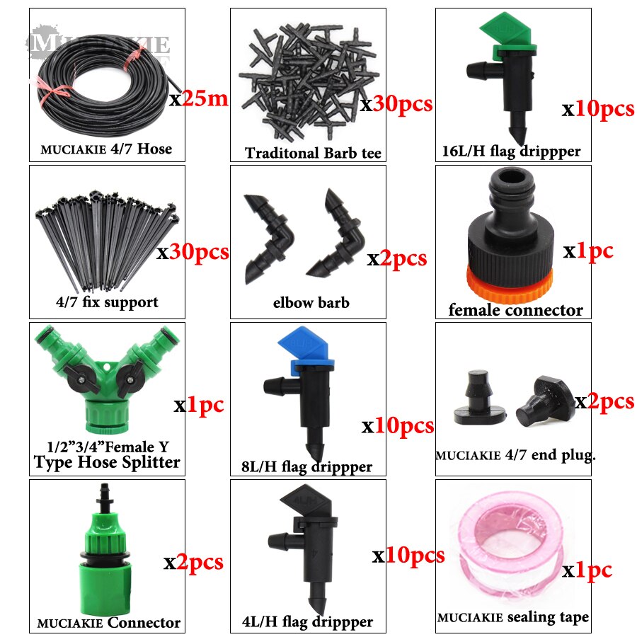 MUCIAKIE 25m 1 Set Garden Watering System Kit Automatic Micro Drip Irrigation for Home Garden Yard Flowers Plants Tree Vegetable: 25m x A x AB429C