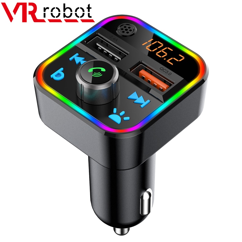VR robot Bluetooth Car FM Transmitter Bass Stereo MP3 Player LED Backlit Wireless Handsfree Car Kit with QC 3.0 Fast Charging