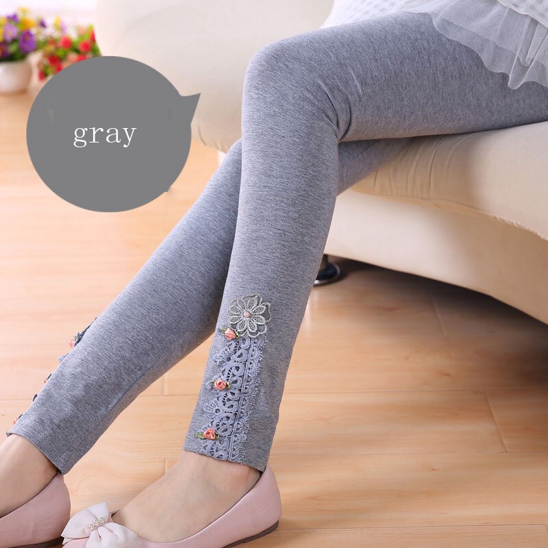 Baby Kinderen Mager Leggings Kinderen Broek Meisjes Kant Zachte Katoen Bloem Toevallige Prinses Leggings Voor Meisjes: Grijs / 150cm