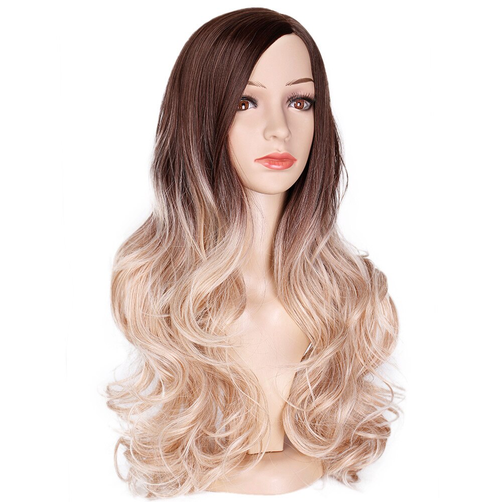 Perruque synthétique ondulée ombrée 24 pouces | Perruque noire Blonde, perruque naturelle ondulée et longue, perruque avec raie au milieu pour femmes