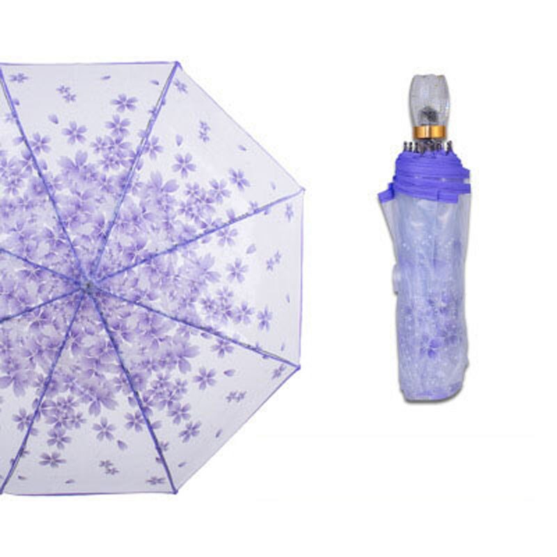 Parapluie romantique Transparent | Parapluie en fleurs de cerisier à trois plis pour femme, parapluie de cerise japonais coréen pour femme, parapluie d'art frais: purple-transparent