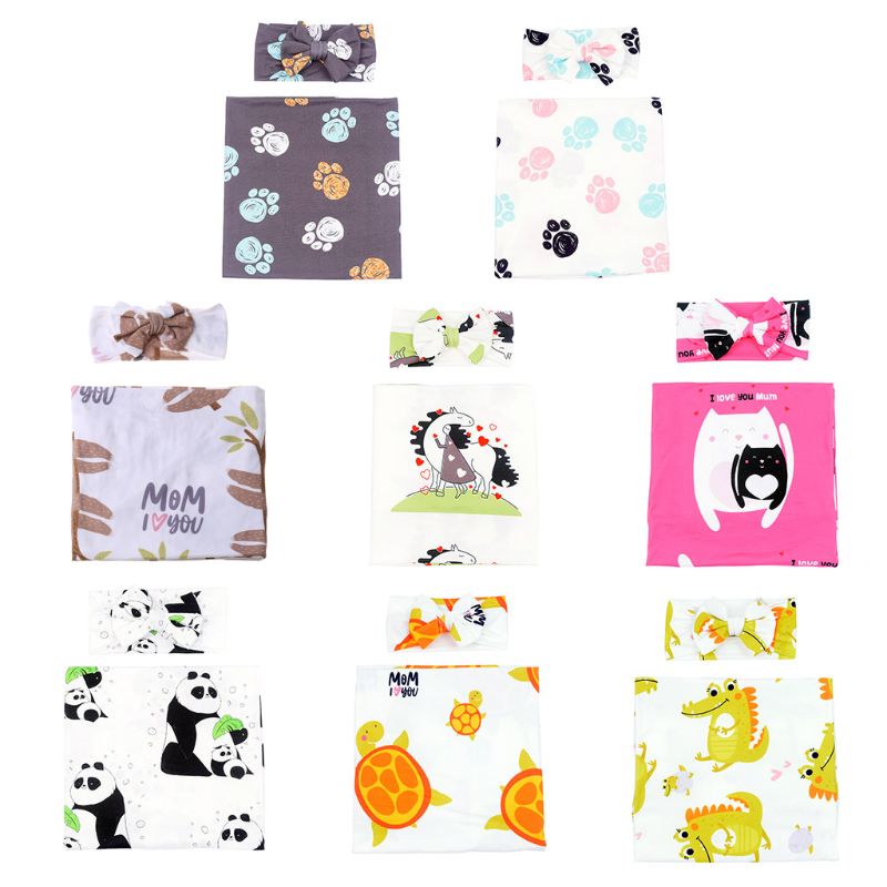 Ensemble de couverture et bandeau pour nouveau-né, lange en coton avec animaux de dessin animé,  r2jf pièces