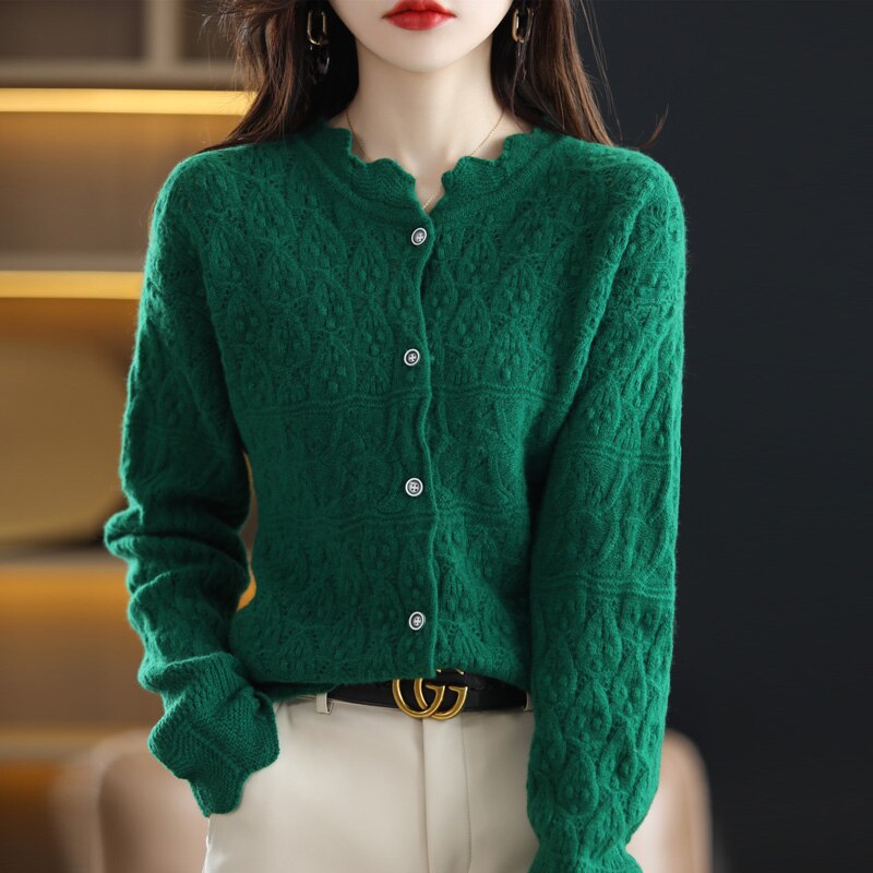 Suéter verde de lana pura para mujer, Rebeca de punto hueco, Top de Cachemira, ropa francesa de , primavera y otoño, novedad