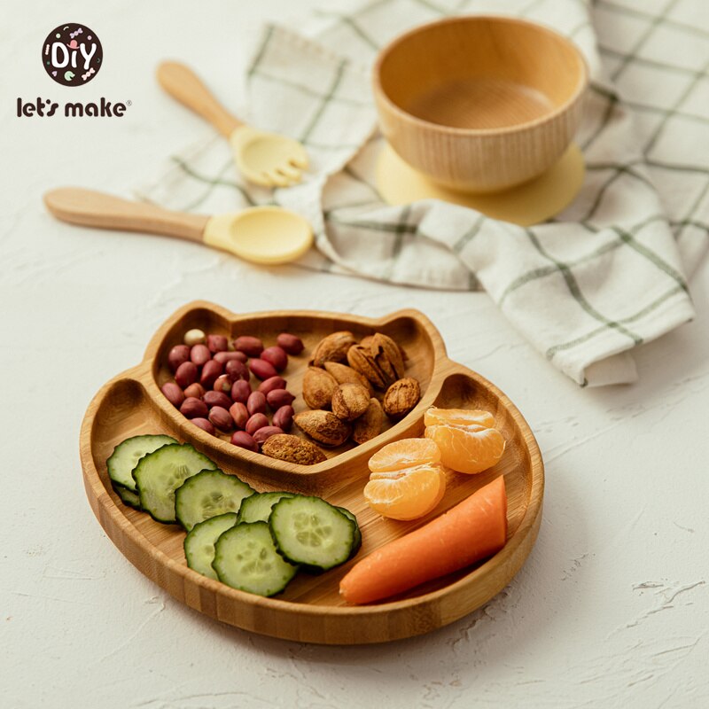 Let&#39;s Make Baby Dinner Plates Set Wooden Cartoon Dinner Plate Fork Spoon Children Feeding Plate Safe Edible Silicone Product