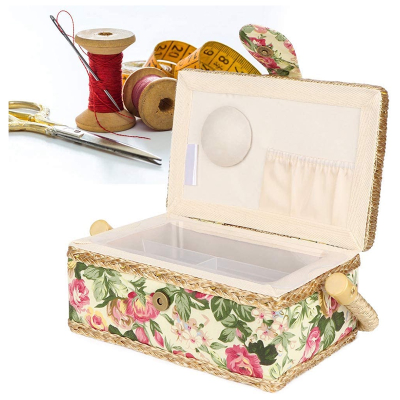 Sewing Basket, Household Fabric Craft Handmade Sewing Basket Thread Needle Organizer Household Hand-Woven Sewing Tool