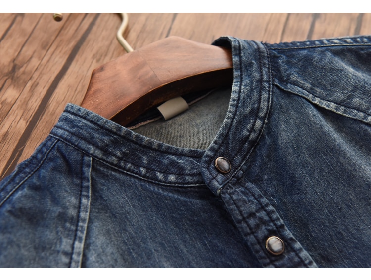 Katoenen denim overhemd heren merkkleding mandarijn kraag overhemd heren retro wassing donker slim fit heren overhemd casual camisa masculina