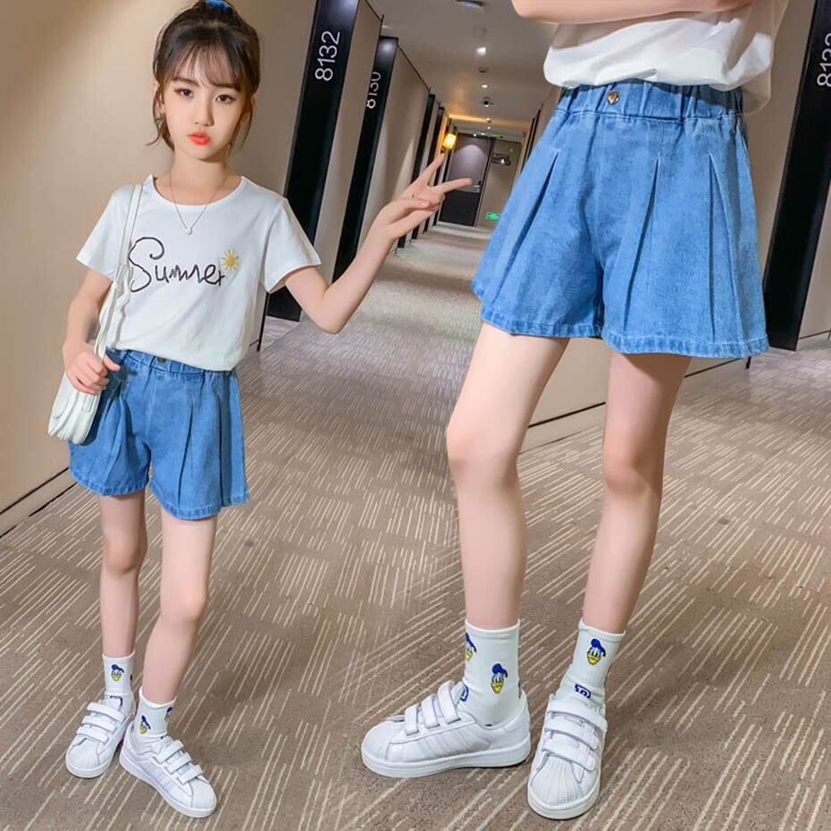 Girls Short Jeans Ruched Girl Summer Jeans Child Solid Color Kids Jeans Elastic Waist Children's Clothing 6 8 10 12 14