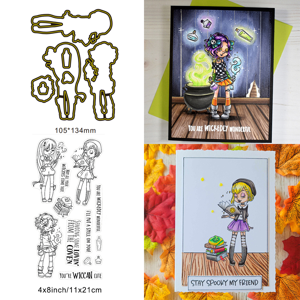 Söt häxräv glad halloween metallskärverktyg genomskinlig stämpel gör-det-själv scrapbooking silikonstämplar för kort album hantverk: S / Ljusgul