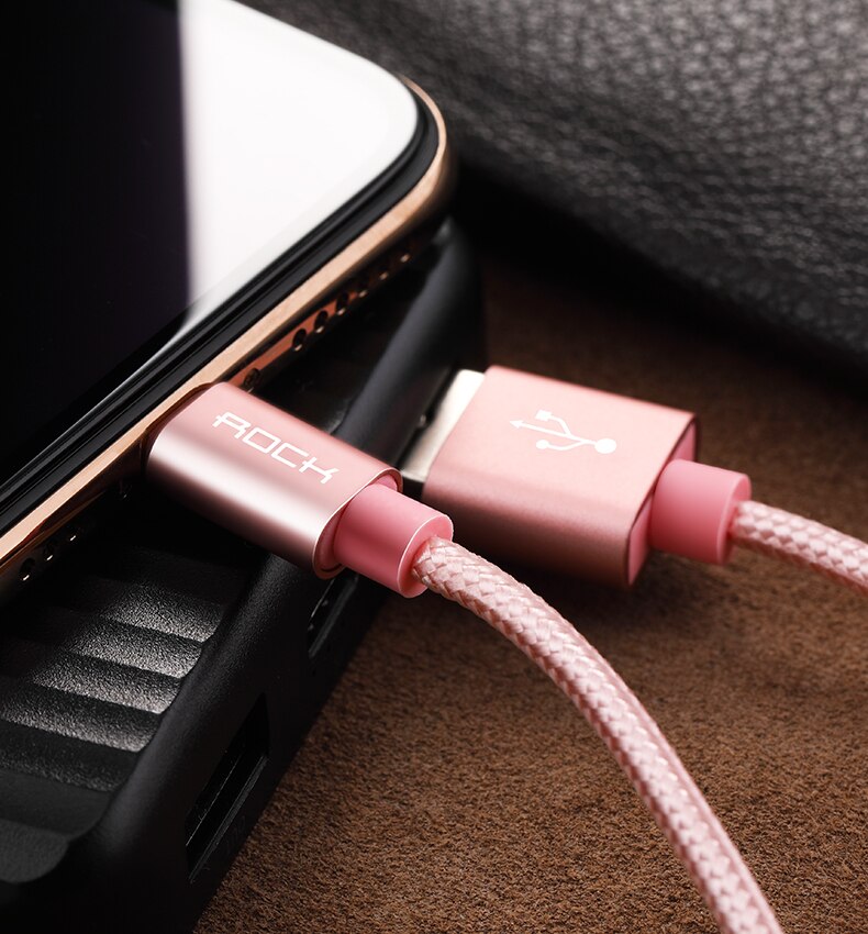 Rock 3.1A Metalen Nylon Gevlochten Telefoon Kabel Voor Iphone Snelle Oplader Verlichting Usb Kabels Voor Iphone 11X8 7 6 Pro Max Plus Ipad: Rose Gold / 1M