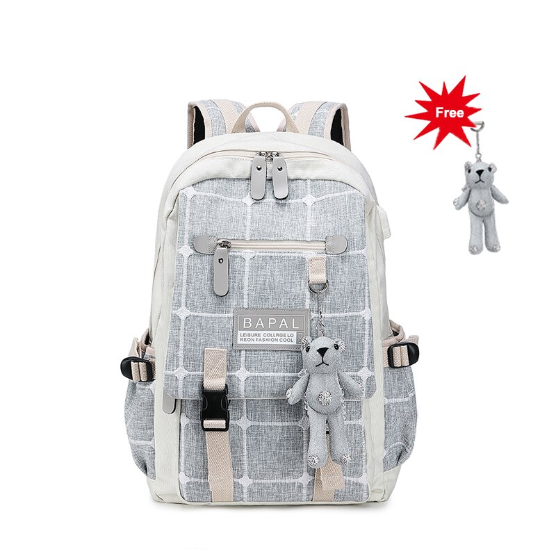 Grote rugzak voor dames van canvas, 15.6 inch, voor de middelbare school, met usb-oplaadpoort, lichtgewicht reistas voor dames: Lichtgrijs