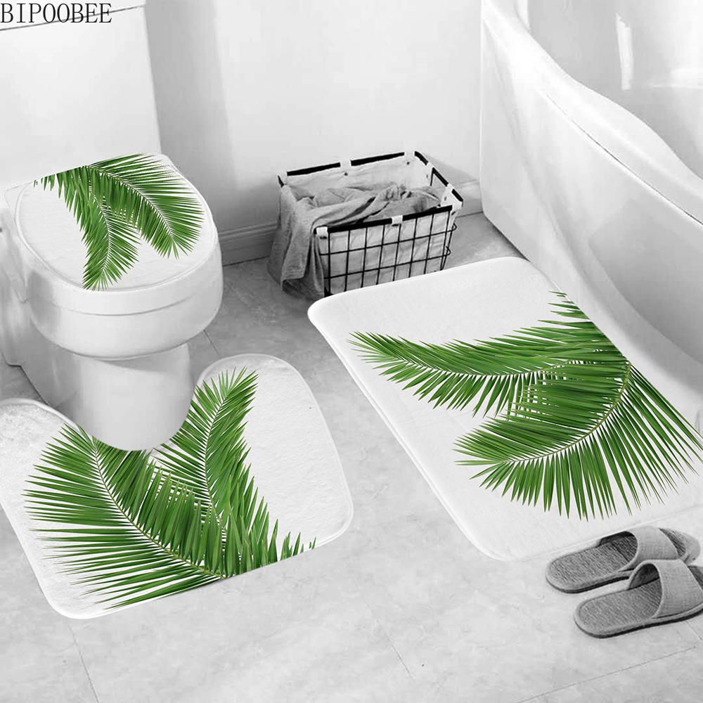 Groene Bladeren Afdrukken Douchegordijn Tropische Planten Natuurlijke Badkamer Gordijnen Anti-Slip Badmat Set Wc Tapijten Tapijt: C 3PCS