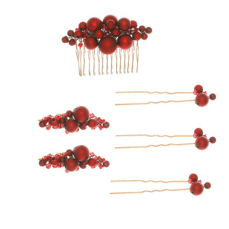Sombreros, Juego de cepillos para el pelo tejidos a mano rojos, accesorios de horquilla con perlas, accesorios de boda