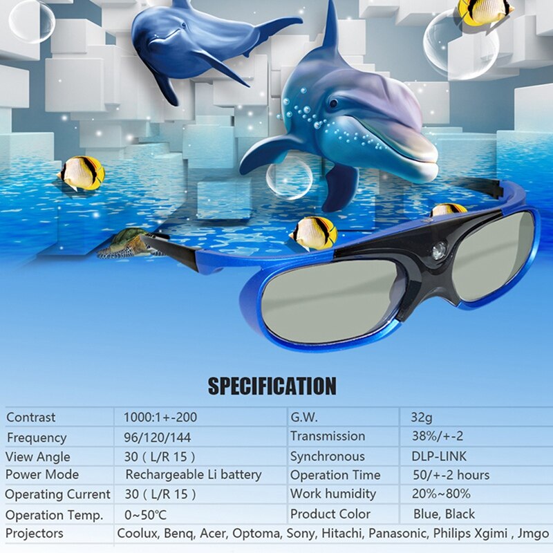 Oplaadbare dlp link 3d bril met actieve sluiter voor xgimi  z3/z4/z6/h1/h2 nuts  g1/p2 benq acer & dlp link projector
