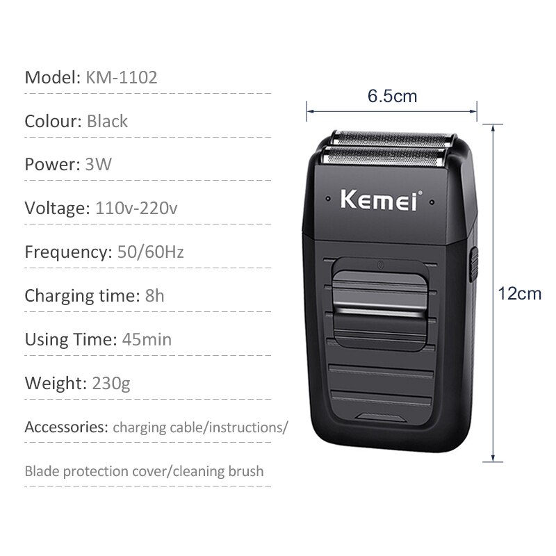 Kemei KM-1102 Cordless Shaver for Men Dual Blades Beard Trimmer Reciprocating Bald Headed Razors Rechargeable Haircut Machine
