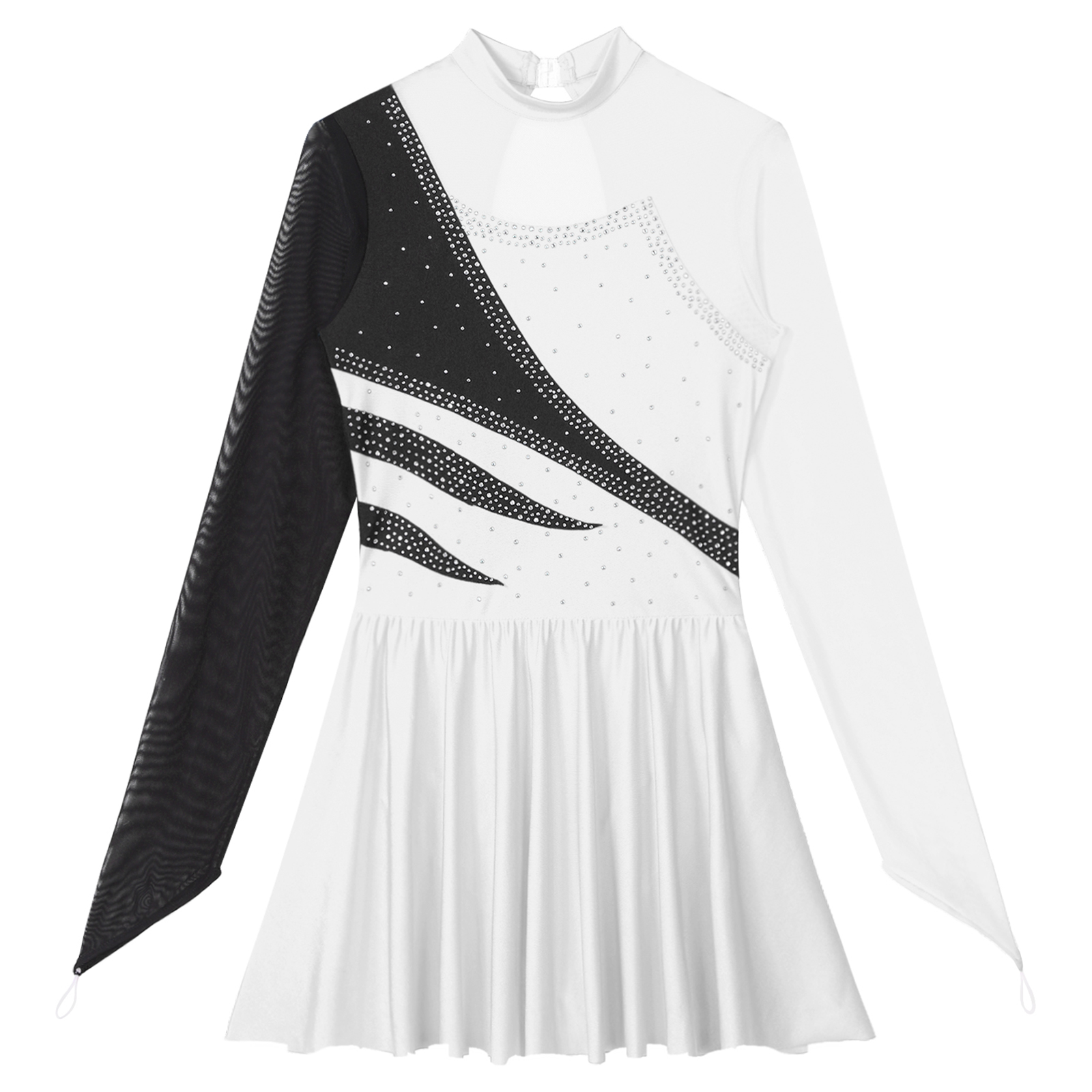Womens Kunstschaatsen Prestaties Kostuum Ballet Lyrical Dance Gymnastiek Turnpakje Jurk Lange Mouwen Rhinestone Sheer Mesh Tutu