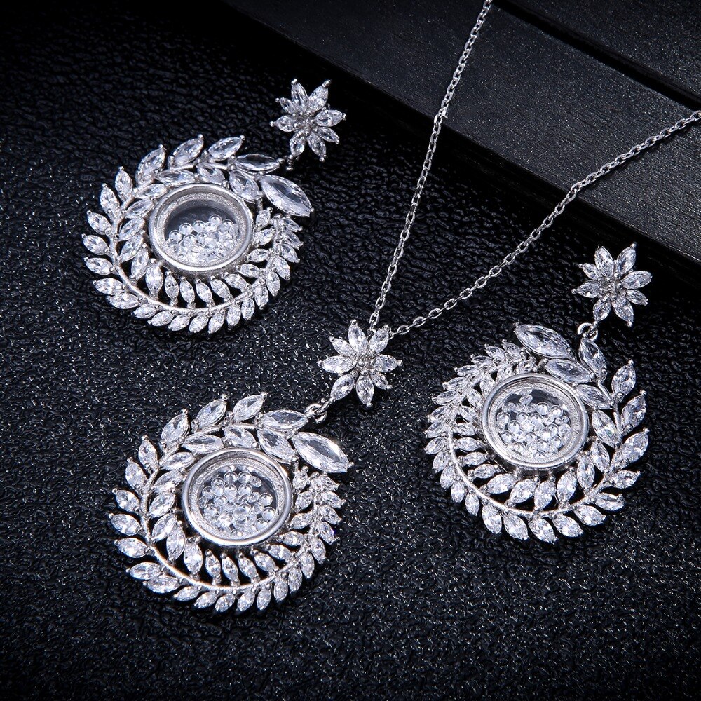 Collar de circonia cúbica + pendiente + brazalete para mujer, conjunto de joyería de boda, rama de olivo, Semi-sector, de , D1383