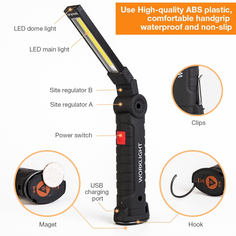 Barra de luz LED de obra para coche, linterna recargable de COB magnético, 5 modos, lámpara de inspección manual, herramienta de luz de trabajo inalámbrica multifunción
