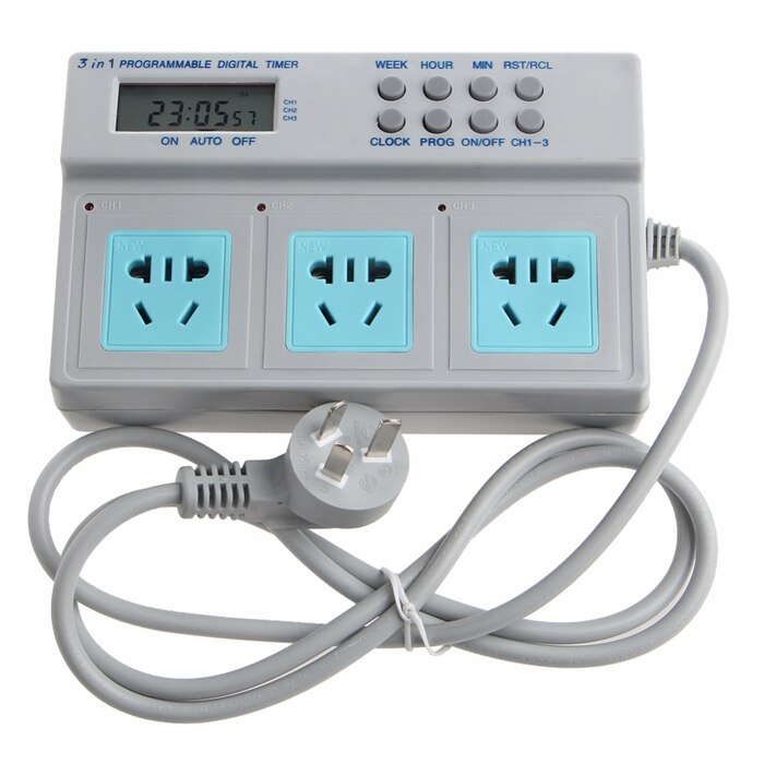 Programmable Digital Timer Outlet - 16A 3680W - 1.5m Extension Cord - 3 Outlets - Universal Application