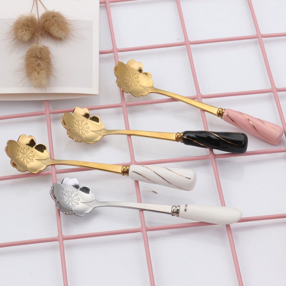 Cherry Blossom Rose Flower Spoon Gold Silk Ceramic Handle Sweet Spoons Gold-plated Coffee Stirring Spoon Tableware