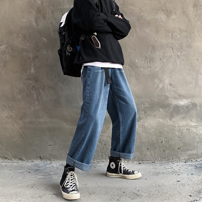 Blå hvid straight jeans herre vaskede casual retro jeans bukser herre streetwear vilde løse hip hop denim bukser m -2xl