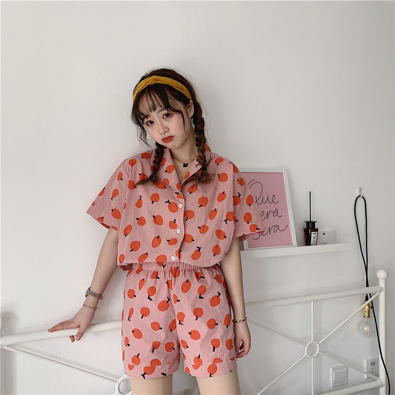 Korean Pajamas for Women Kawaii Room Wear Spring Summer Pyjamas Sweet Pijama Short Sleeve Home Suit Fruit Print Sleepwear: fen / XL