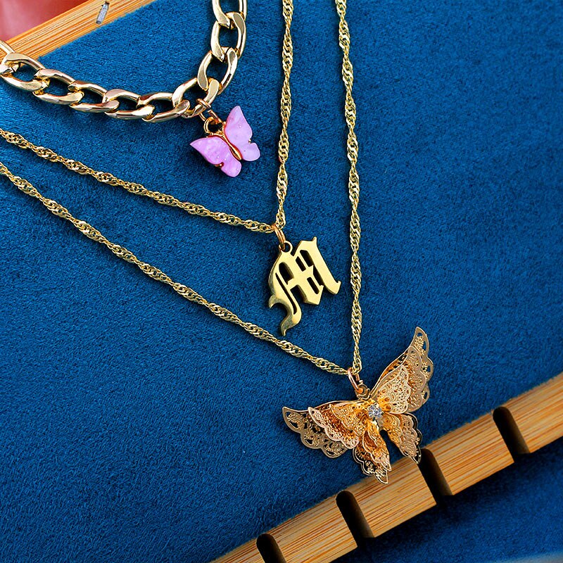 Flatfoosie 3Pcs/Set Gold Color Butterfly Choker Necklace for Women Multilayer Letter Pendant Necklace Jewelry Party