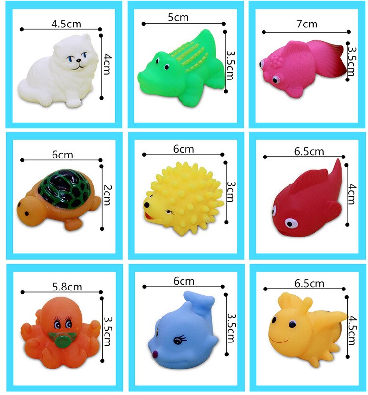 13 stk søde dyr svømning vandlegetøj farverige bløde gummi flyde klemme lyd knirkende badelegetøj til baby børn badelegetøj