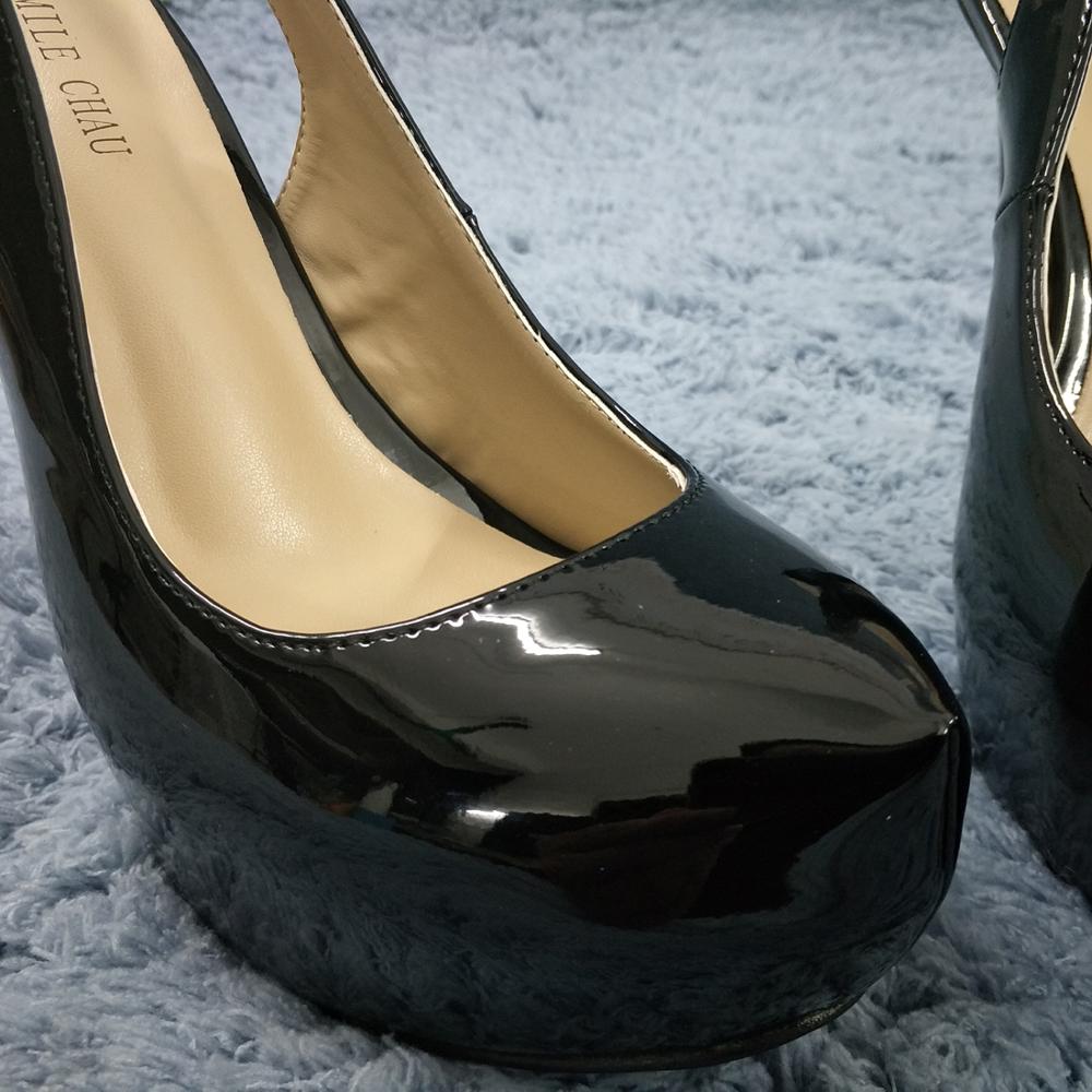 Women Stiletto Thin High Heel Sandals Sexy Slingback Round Toe Platform Black Patent Dress Party Bridals Ball Lady Shoes 3463b-c