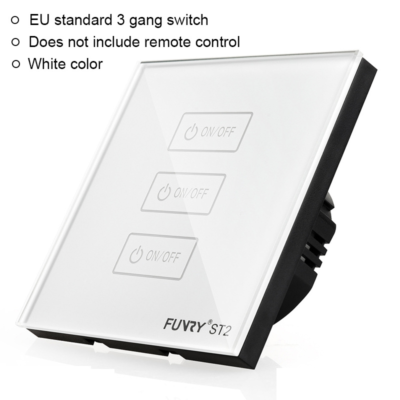 Original Funry ST2 3Gang EU Standard Touch Switch Lighting Luxury Tempered Glass Panel 170-240V 7-200W/gang 86*86*36mm: white switch