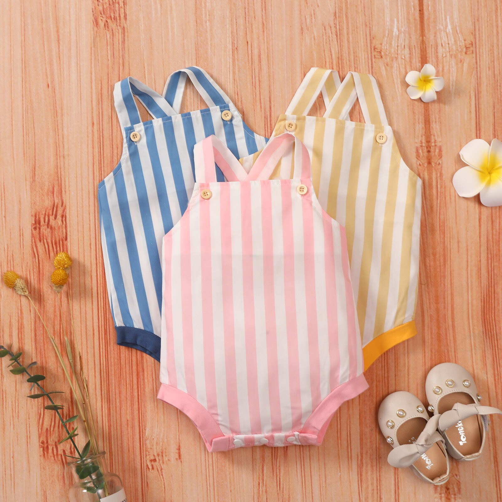 Zomer Schattige Baby Rompertjes Pasgeboren Mouwloze Peuter Kids Jongens Meisjes Gestreepte Gedrukt Jumpsuits Casual Outfits Kostuum 3-18 Maanden