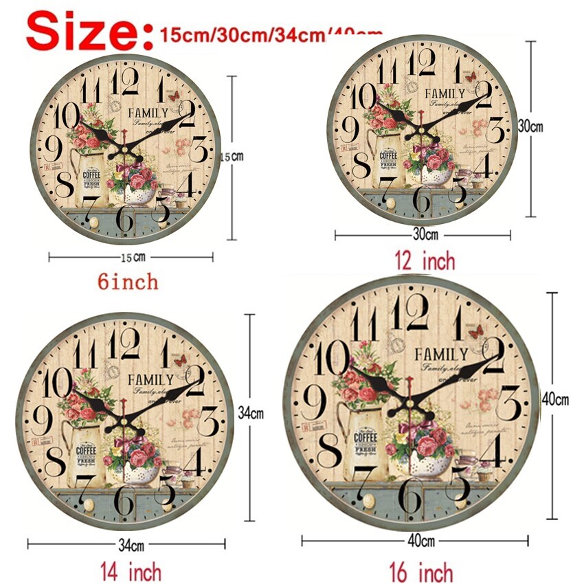 Grote Wandklok Ronde Vintage Wandklok Franse Land Toscaans Decoratieve Non-Tikkende Retro Bloem Roos Stille Stille Klok
