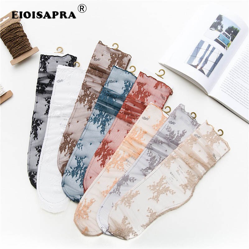 [EIOISAPRA] calcetines de verano para mujeres delgadas, transpirables, transparentes, con encaje decorativo, patrón de montón de calcetines, 8 colores, Casual, de