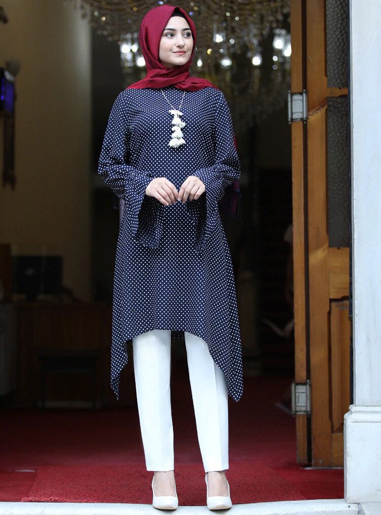 KALENMOS caftan musulman Abaya robe femmes été imprimé points Hijab longue Blouse hauts manches évasées asymétrique ourlet robes islamiques: Bleu / L